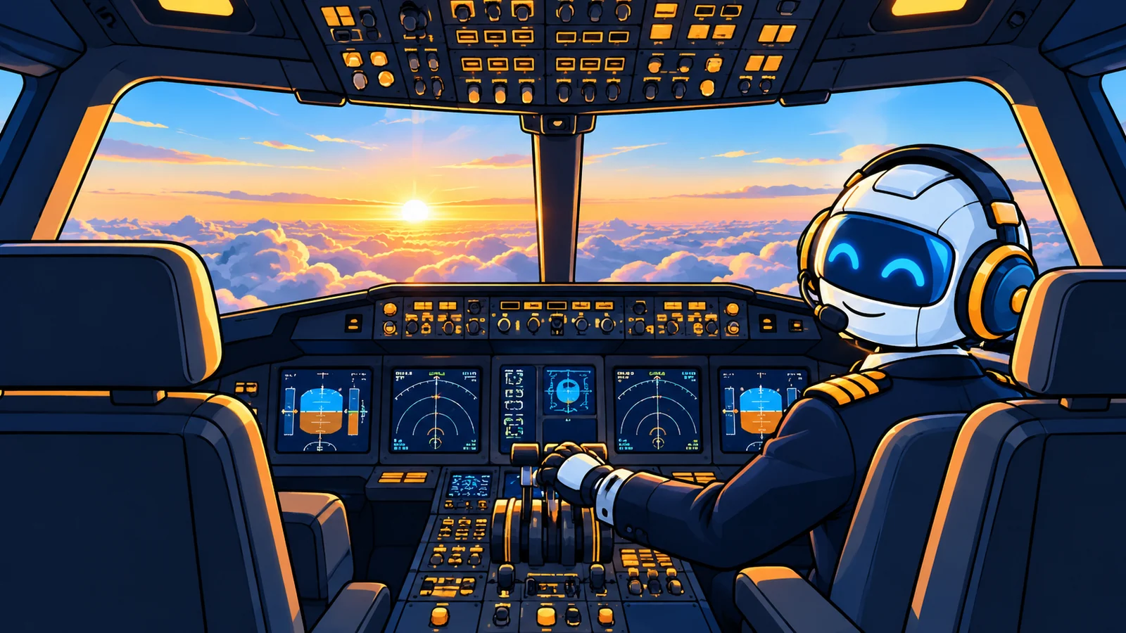 the copilot in the right seat, sunrise above the clouds
